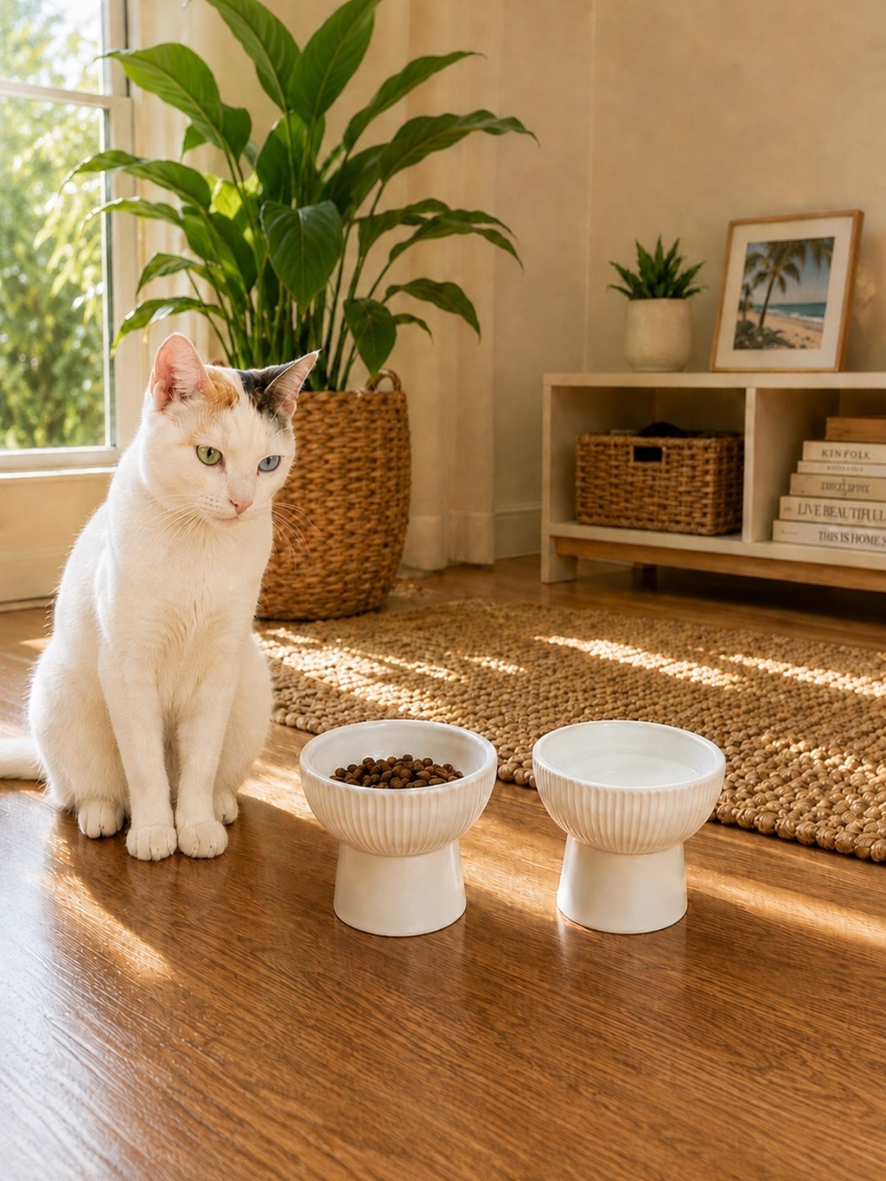 White Ceramic Fishbone Pet Food and Water Bowl - Set of 2